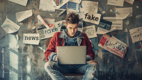 young man with laptop in a world of fake news, propaganda, disinformation, misinformation - fake news concept. © emotionpicture