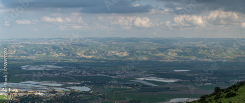 View of the Harod Valley and Jezreel Valley from the Gilboa Mountain range in Israel.