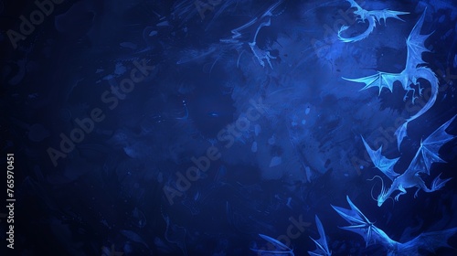 Abstract design featuring flying dragons on a dark blue background, suitable for projects related to artificial intelligence, neural networks, and big data, with ample space for adding text.