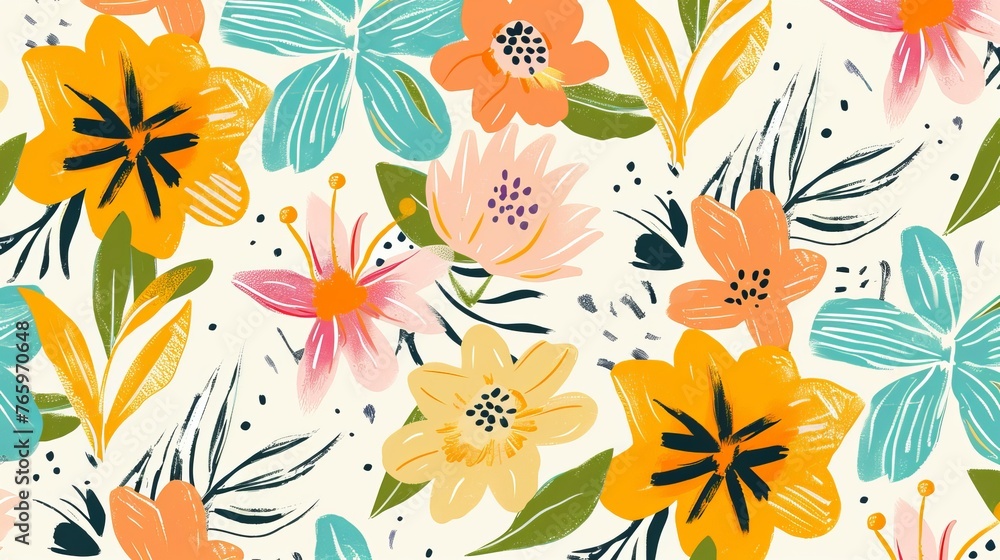 Bright and cheerful tropical flower design.  A modern seamless pattern featuring abstract botanical elements. One-of-a-kind, hand-drawn artwork.