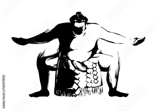 相撲の墨絵