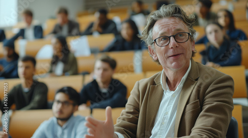 Experienced elegant college professor explaining something to his college class in class