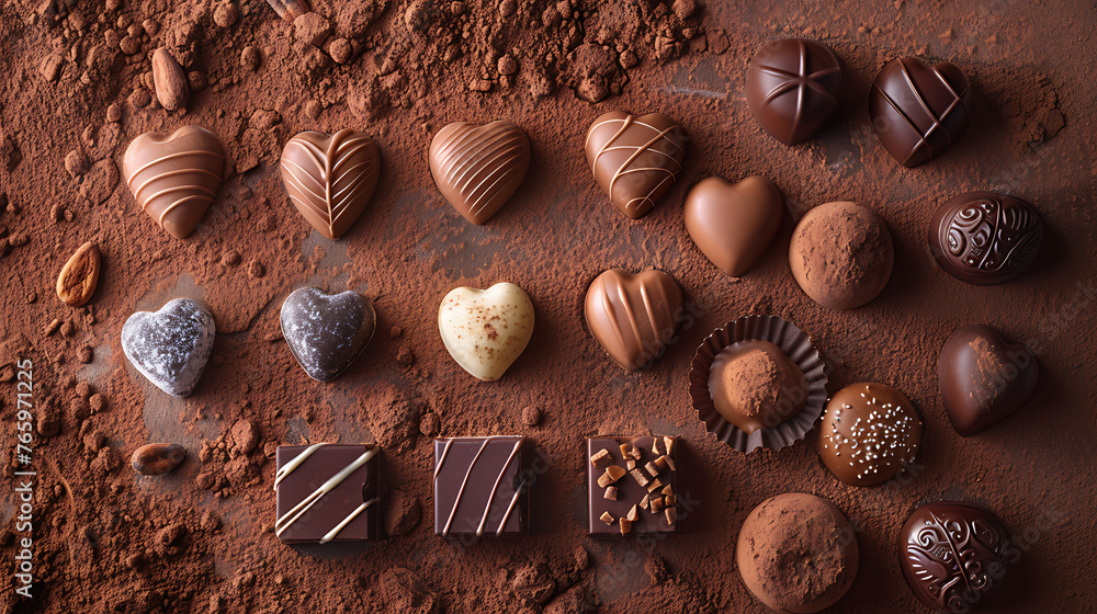 The image depicts an assortment of chocolates arranged on a cocoa powder-covered surface. The image depicts an assortment of chocolates arranged on a cocoa powder-covered surface.