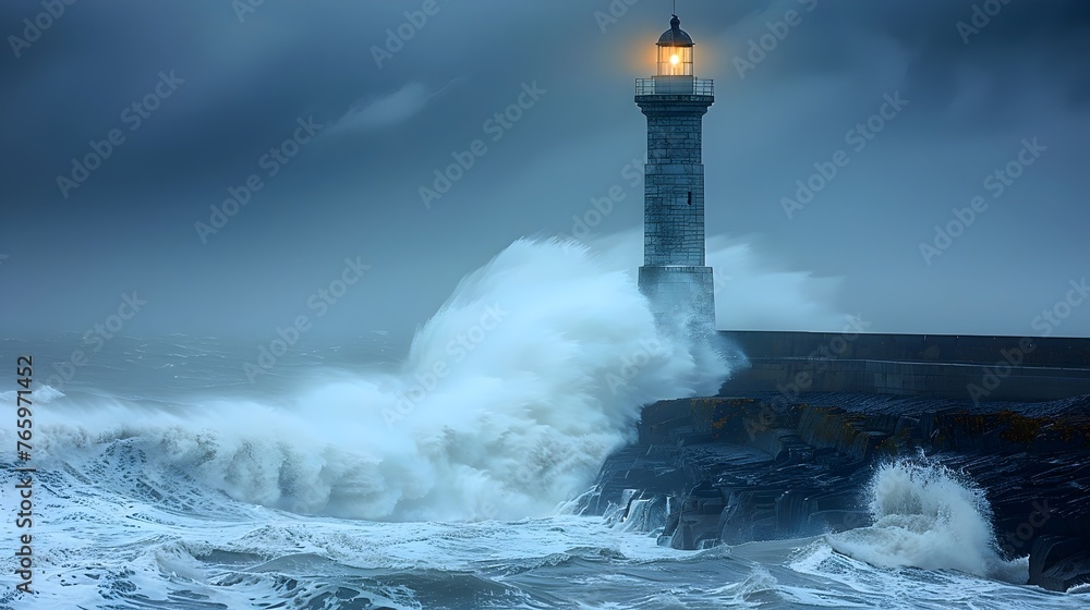 Lighthouse on the coast on a day of violent storms