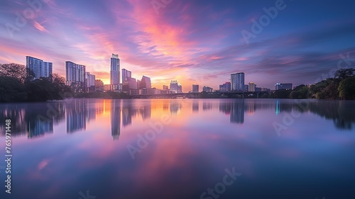 Beautiful reflection of the sunrise over Lady Bird Lake or Town Lake in Austin, Texas, USA. During the summer, the entire city is visible in the distance, with skyscrapers #765971448