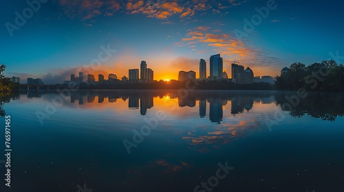 Beautiful reflection of the sunrise over Lady Bird Lake or Town Lake in Austin, Texas, USA. During the summer, the entire city is visible in the distance, with skyscrapers #765971455