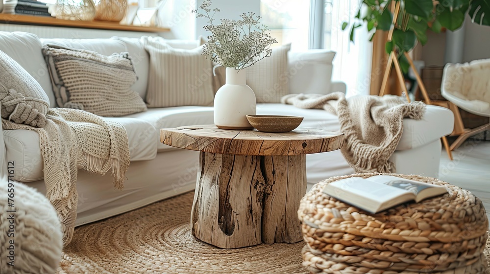 Scandinavian home interior design of modern living room, round wood coffee table against white sofa Scandinavian home interior design of modern living room, round wood coffee table against white sofa
