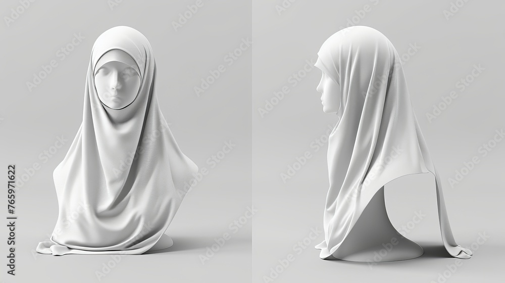 a blank white woman wearing a Muslim headscarf, rendered in 3D. isolated mockup of empty east headgear for women's accessories. Clearly defined religious headgear or hat styles.