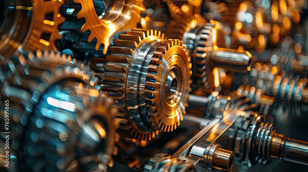 A close-up view of interlocking machine gears bathed in sunlight, showcasing the intricate workings of a mechanical device - obrazy, fototapety, plakaty 