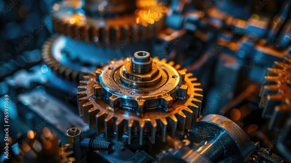 A close-up view of oiled machine gears bathed in sunlight, highlighting the intricate details of a mechanical device - obrazy, fototapety, plakaty 