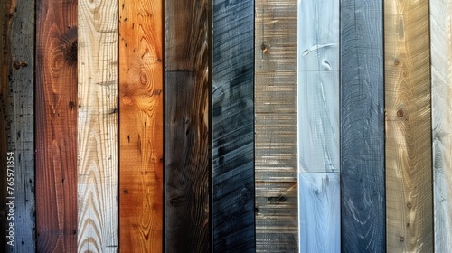 A display showcasing various wood planks arranged horizontally along a wall, highlighting their unique colors, grains, and textures