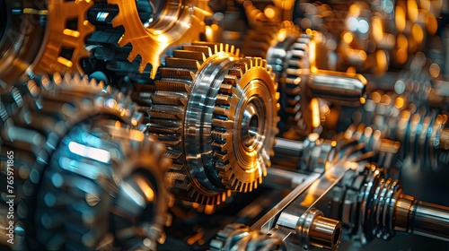 A close-up view of interlocking machine gears bathed in sunlight, showcasing the intricate workings of a mechanical device