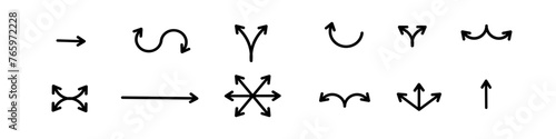 Set of black arrows icons. Curves pointer, turn to the side. Direction right left down up.Geometric abstract arrows of different shapes. Movement orientation. Vector illustration.  © Evi