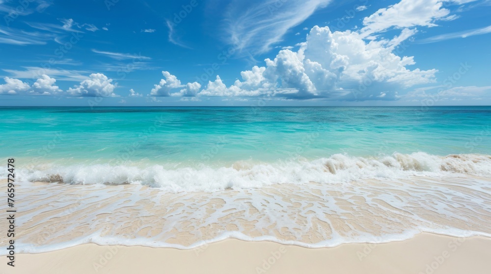 A serene beach scene, with white sand and turquoise waters stretching out to the horizon A serene beach scene, with white sand and turquoise waters stretching out to the horizon
