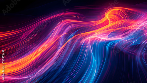 A mesmerizing long exposure photo of a vibrant wave featuring shades of purple, pink, magenta, and electric blue against a dark background, creating a stunning water pattern resembling art