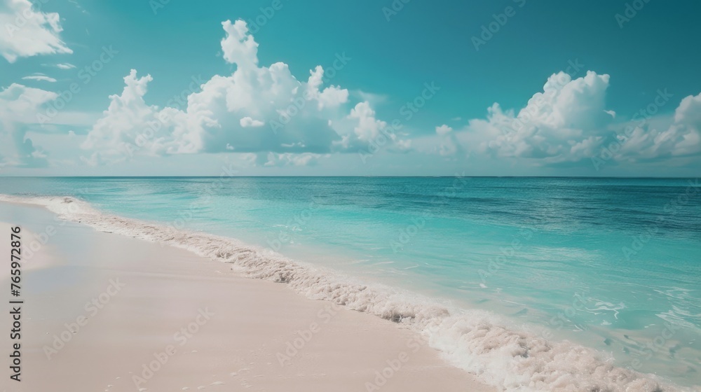 A serene beach scene, with white sand and turquoise waters stretching out to the horizon