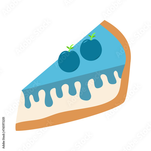 A blueberry pie slice with blueberry sauce drizzled on top. The pie has two blueberries on top of each half. blueberry cake.