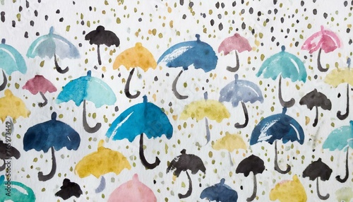 Semiabstract creative artistic background with multicolored umbrellas and multicolored raindrops