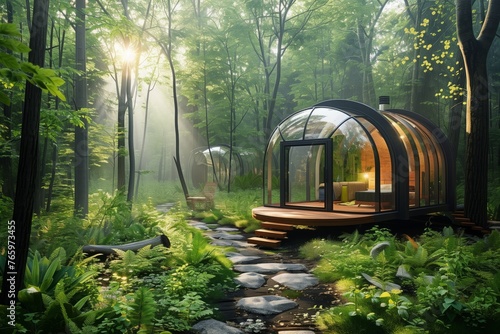 Dawn in the Forest Glamping Pod. Serene morning scene with a geodesic dome nestled in a sun-drenched forest, inviting an escape into the tranquility of natures embrace.