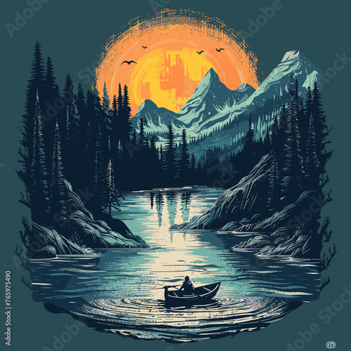 Mountains, lake and boat in the forest. Vector illustration.