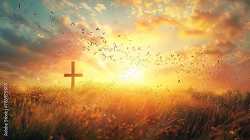 Spectacular Good friday easter landscape with cross