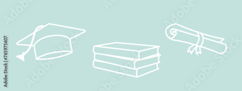 school icons, white outline, hat, scroll, books, graduation symbols, end of school day, graduation ceremony drawing clip-art, vector elements