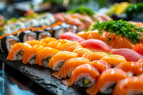 Close-up of a vibrant plate of sushi and sashimi, showcasing a symphony of colors, textures, and flavors.