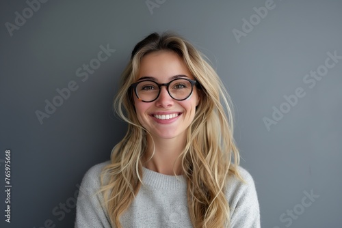 A jolly woman with blonde hair wearing glasses smiles for the camera.