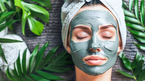 Young Woman Enjoying Spa Facial Treatment with Green Mud Mask photo