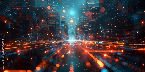 Nighttime skyline of a futuristic tech city highlighting high-speed global data transfer and quantum computing system. Concept Futuristic Cityscape, High-Tech Infrastructure, Nighttime Skyline