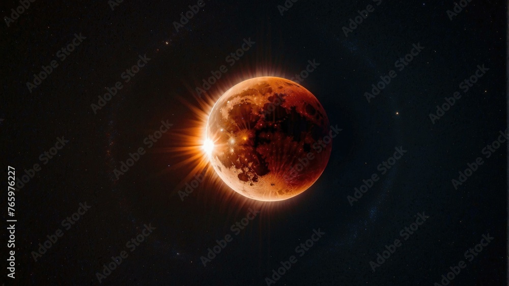 Fototapeta premium A full moon is seen in the sky with a bright red glow. Generative AI.