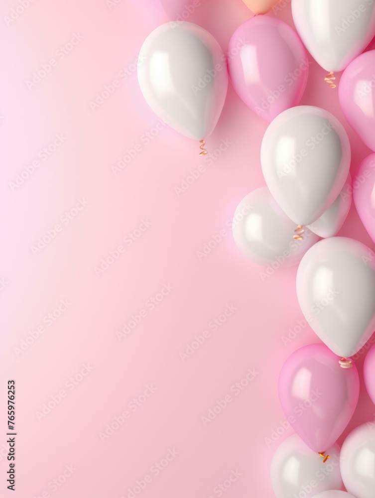 A bunch of balloons are arranged in a row on pink background. Generative AI.