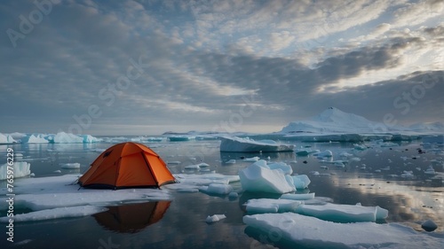 A tent is sitting on top of some ice floes in the water. Generative AI. © serg3d