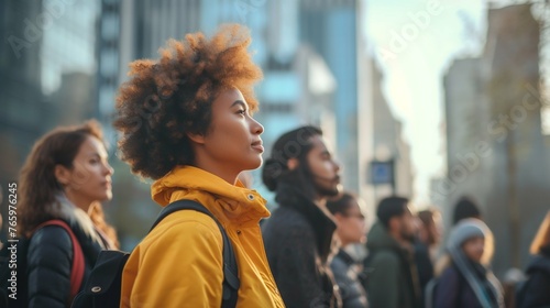 Diverse Group of People in Profile View Against Modern City Background. Generative ai