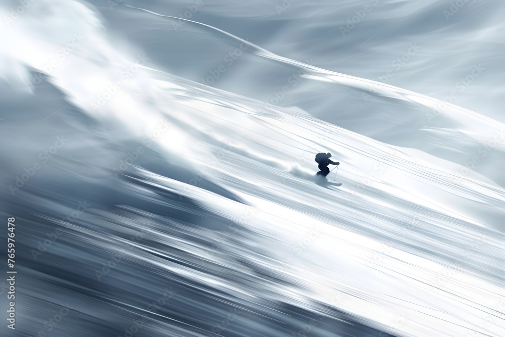 Fototapeta premium Cinematic slow motion camera photography of one skiing man in the snow mountins landscape, awesome blur art photo of a skier in high speed in a glacier, ai generated