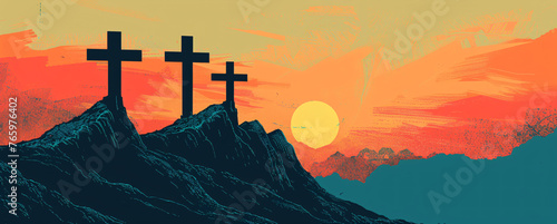 Stirring Easter Tribute - Three Rugged Crosses Stand Against a Sunset Sky on a Mountain Crest, Digital Art Illustration with Warm Orange Tones