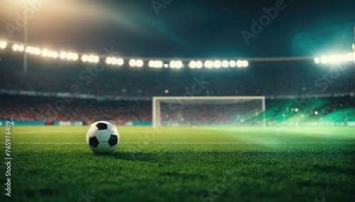 A soccer ball on a field at night with lights. Generative AI. © serg3d