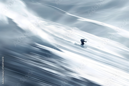 Cinematic slow motion camera photography of one skiing man in the snow mountins landscape, awesome blur art photo of a skier in high speed in a glacier, ai generated © Graphicsnice