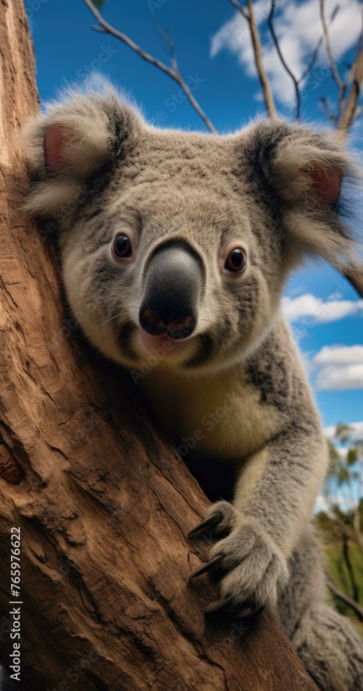 Fototapeta premium A koala bear is sitting on a tree branch with blue sky in background. Generative AI.