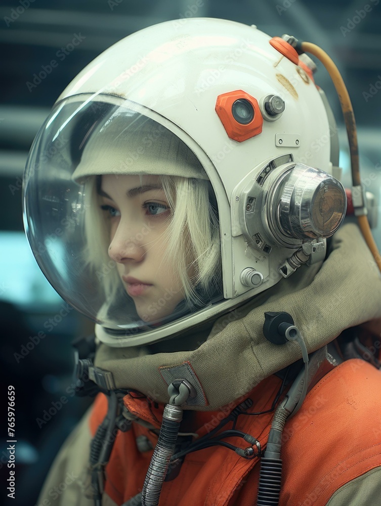 A woman in a space suit with helmet and goggles. Generative AI. A woman in a space suit with helmet and goggles. Generative AI.