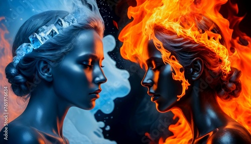 portrait of two women fire and ice, hot and cold concept. Peace and War, Joy and Sorrow, Truth and Lies, Beauty and Ugliness created with generative ai