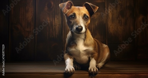 A small brown and white dog sitting on a wooden floor. Generative AI. © serg3d