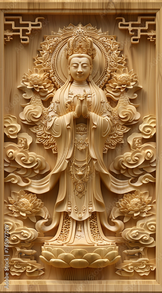 3D wood carving of the Guanyin Bodhisattva, with a golden halo and lotus flowers behind her back, surrounded by auspicious clouds on a golden background with a golden border. This is a full body portr