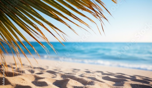 A palm leaf on the beach next to a blue ocean. Generative AI.