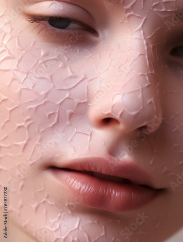 A close up of a woman with skin that looks like it has been cracked. Generative AI.