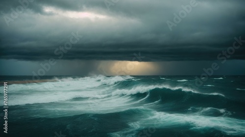 A stormy ocean with a dark sky and waves crashing. Generative AI.