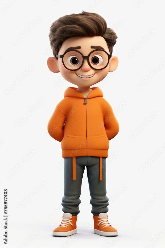 A cartoon boy in an orange sweatshirt and glasses standing. Generative AI.