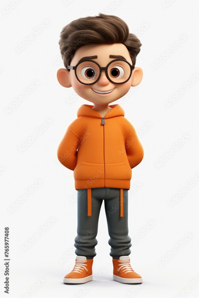 A cartoon boy in an orange sweatshirt and glasses standing. Generative AI. A cartoon boy in an orange sweatshirt and glasses standing. Generative AI.