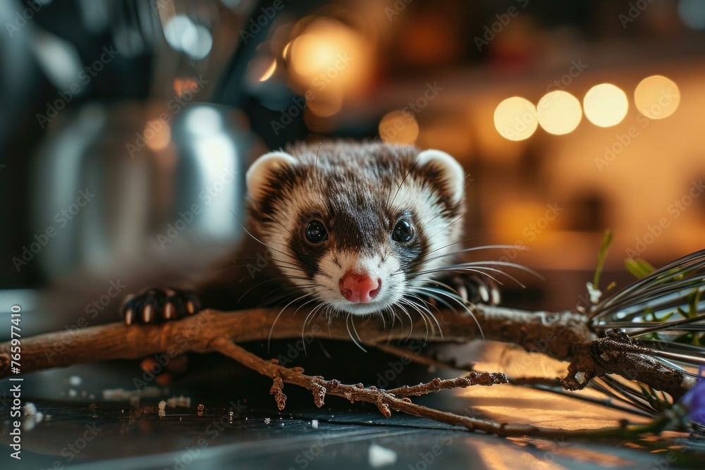 Fototapeta premium A ferret is sitting on a branch with its nose in the air. Generative AI.