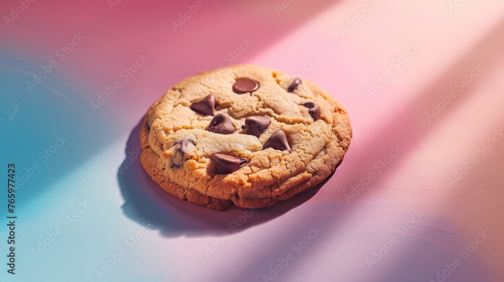 A close-up photograph of a chocolate chip cookie on a colorful gradient background with pink and blue tones. A close-up photograph of a chocolate chip cookie on a colorful gradient background with pink and blue tones.